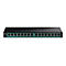Schwarzer 16-Port Gigabit PoE+ Switch von TRENDnet mit nummerierten Anschlüssen auf weißem Hintergrund.