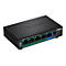 Schwarzer TRENDnet TPE-TG52 Gigabit PoE Switch mit fünf LAN-Anschlüssen vor weißem Hintergrund.