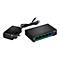 Schwarzer TRENDnet 5-Port Gigabit PoE Switch mit fünf LAN-Anschlüssen, Beschriftungen und zugehörigem Netzteil.