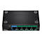 Schwarzer TRENDnet TPE-TG52 Netzwerk-Switch mit fünf Ports, DC-Anschluss und Status-LEDs auf weißem Grund.