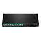 Schwarzer Trendnet Netzwerk-Switch TPE-TG83 mit 8 Ethernet-Ports, Anschlüssen und LED-Statusanzeigen auf weißem Grund.