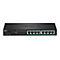 Schwarzer 8-Port PoE+ Switch von Trendnet mit Status-LEDs und Netzanschluss auf weißem Hintergrund.