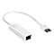 Weißer TRENDnet USB 2.0 zu Ethernet Adapter mit kurzem Kabel und USB-A-Anschluss auf weißem Hintergrund.
