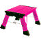 A pink step stool, with black rubber feet and corners. It is foldable and stands isolated on a white background.