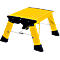 Yellow, foldable step stool. Black corner reinforcements, non-slip rubber feet. Unfolded, ready to use.