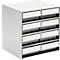 Gray storage tower with eight drawers, each with a white name tag.