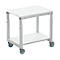 White height-adjustable serving cart with castors.