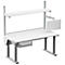 White, height-adjustable workbench with shelf, pegboard, and drawer. Gray metal legs and frame.
