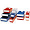 Several colored storage boxes, red, blue and transparent with labels, stacked.