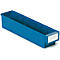 Blue plastic storage bin with dividers. A white label in front. On a bright background.
