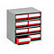 Gray cabinet with eight red drawers and white labeling fields. One drawer is open.
