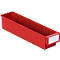 Red plastic sorting box with compartments, a white label field at the front.