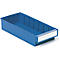 Blue storage bin with white label area.