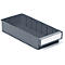 Gray plastic box with compartments. A white label is attached to the front. The picture shows the box slightly diagonally from above.