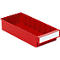 Red plastic storage box with an empty label. Multiple compartments for subdivision. The background is white.