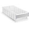 Transparent, rectangular plastic box with handles and a label field.