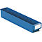Blue, rectangular storage box with dividers. A white label at the front.