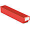 Red plastic storage bin. The long rectangular bin has multiple compartments and a white label.