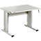 Light gray height-adjustable desk. Tabletop with crank. Black elements, lettering "Trestop".