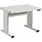 A height-adjustable white desk. It has a rectangular table frame and two height-adjustable legs.