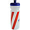 Eine durchsichtige Wasserflasche mit blauem Deckel und rotem Streifenmuster.