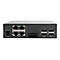Schwarzes Gerät mit Anschlüssen. Oben: 4 Ethernet-Ports. Unten: Strom, seriell, USB-Anschlüsse. Beschriftung: 9-30V DC, Serial.