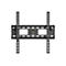 Schwarze TV-Wandhalterung vor weißem Hintergrund. Mit horizontaler und vertikaler Ausrichtung, Wasserwaage und Logo.
