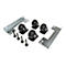 Bausatz mit vier Rollen, Metallwinkeln und Schrauben, vor weißem Hintergrund.