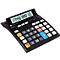 Black calculator with white display and keys. The number 1234567890 12. can be seen on the display.