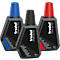 Three ink bottles in blue, black, and red. Each has a black, hexagonal body and a colored cap. Each one says "trodat STAMP INK 7011".