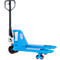 Blue pallet truck with black handles and red tires.