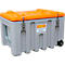 Grey transport box with orange lid, silver closures and wheels.