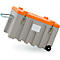 Grey transport case with orange lid. It has wheels, a handle and metal closures.