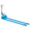 Light blue pallet truck with a black handle and forks.