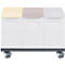 Waste separation system with three containers and wheels. Lids: Yellow, pink, grey.