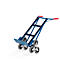 Blue stair climber with red handles, standing in front of a white background.