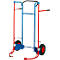 Blue and red hand truck with wheels.