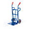 Blue hand truck with red handles, gray tires, and a rectangular loading surface.