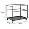 Black serving cart with wheels, details of height and width. Dimensions are: 1140mm x 630mm x 950mm.