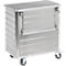 Silver-colored, robust transport cart with wheels and a flap. The cart is made of metal and appears stable and durable.