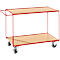 A red serving cart with two wooden shelves and four wheels. A handle is on one side.