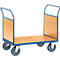 Transport cart with blue frame, four wheels and wooden floor.
