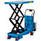 Blue lifting table with black scissor arms and red tires. The table bears the "HanseLifter" logo.