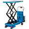 Blue and black scissor lift with load capacity.