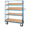 Blue rolling shelf with four wooden shelves and four wheels, against a white background.