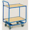 Blue painted transport trolley with two wooden shelves and four gray wheels.
