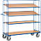 Blue and silver trolley with wooden shelves. It has four wooden shelves, four castors and a drawbar.
