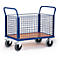 Blue cart with mesh sides, four wheels and a wooden base.