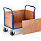 Wooden cart with blue handles and wheels. One side panel is removed.