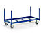 Blue cart with wheels. Upright poles, rectangular frame. Four grey wheels, white background.